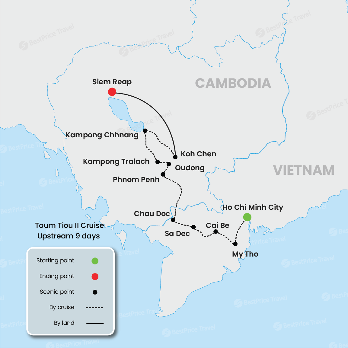 Toum Tiou II Cruise Upstream 9 days: Saigon - Siem Reap Map