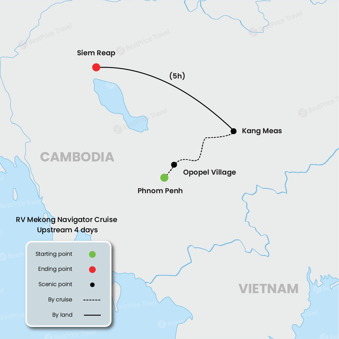 RV Mekong Navigator Cruise Upstream 4 days: Phnom Penh - Siem Reap Map