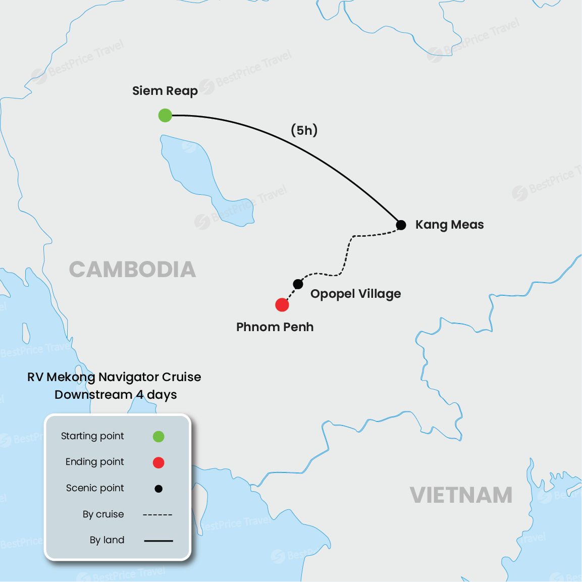 RV Mekong Navigator Cruise Downstream 4 days: Siem Reap - Phnom Penh Map