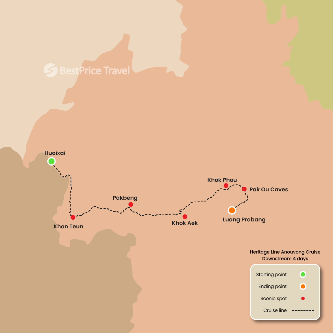 Heritage Line Anouvong Cruise Downstream 4 days: Huay Xai - Luang Prabang Map