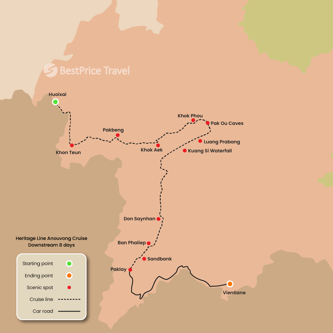 Heritage Line Anouvong Cruise Downstream 8 days: Huay Xai - Vientiane Map