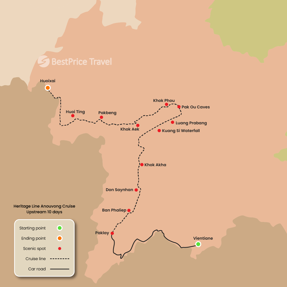 Heritage Line Anouvong Cruise Upstream 10 days: Vientiane - Huay Xai Map