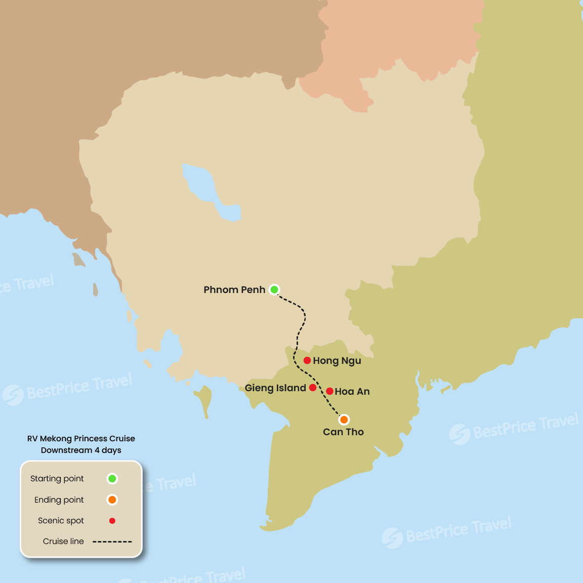 RV Mekong Princess Cruise Downstream 4 days: Phnom Penh - Can Tho Map
