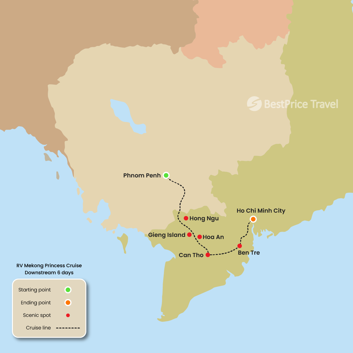 RV Mekong Princess Cruise Downstream 6 days: Phnom Penh - Saigon Map