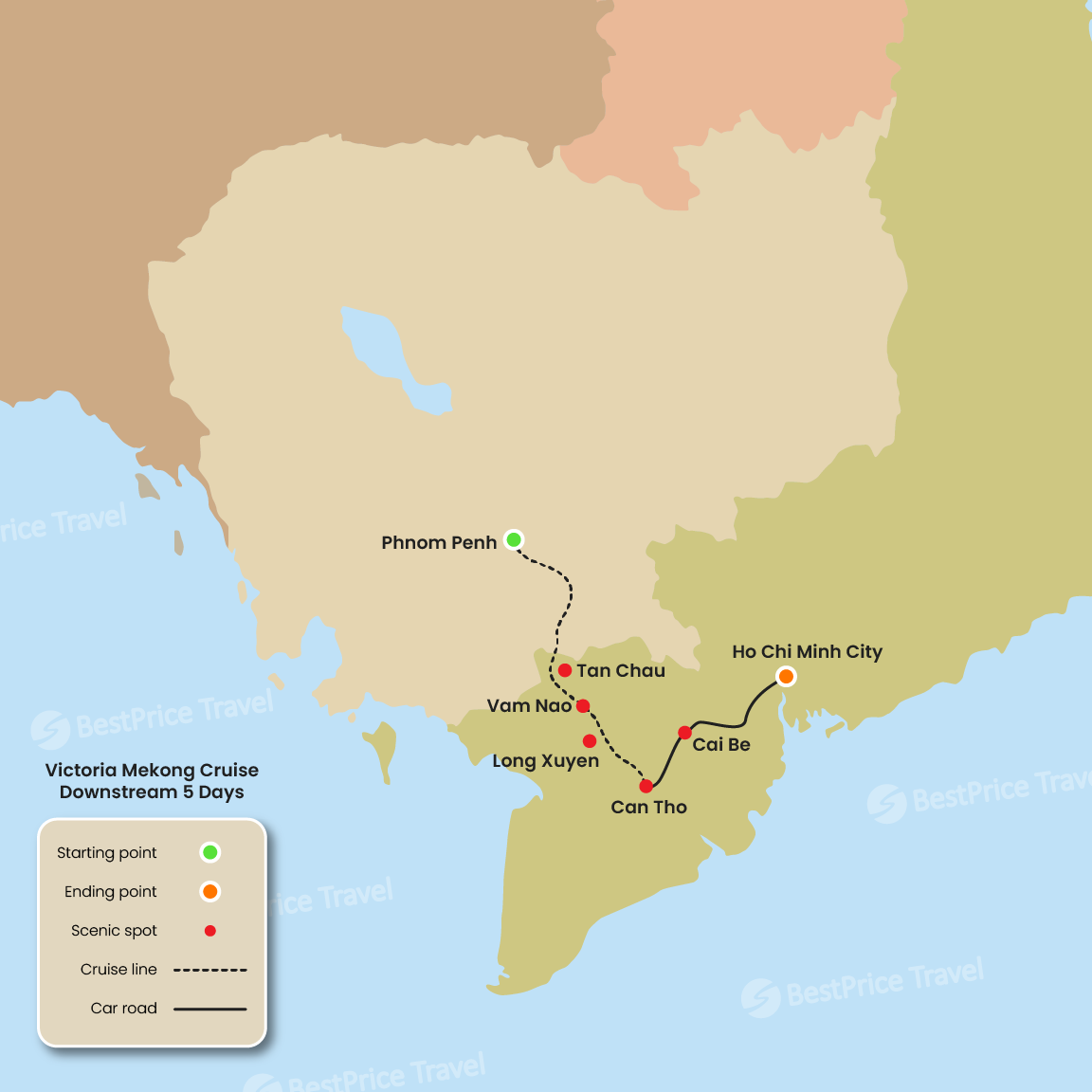 Victoria Mekong Cruise Downstream 5 Days: Phnom Penh - Saigon Map