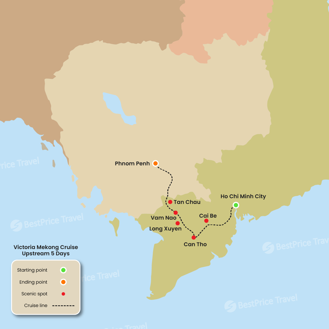 Victoria Mekong Cruise Upstream 5 days: Saigon - Phnom Penh Map
